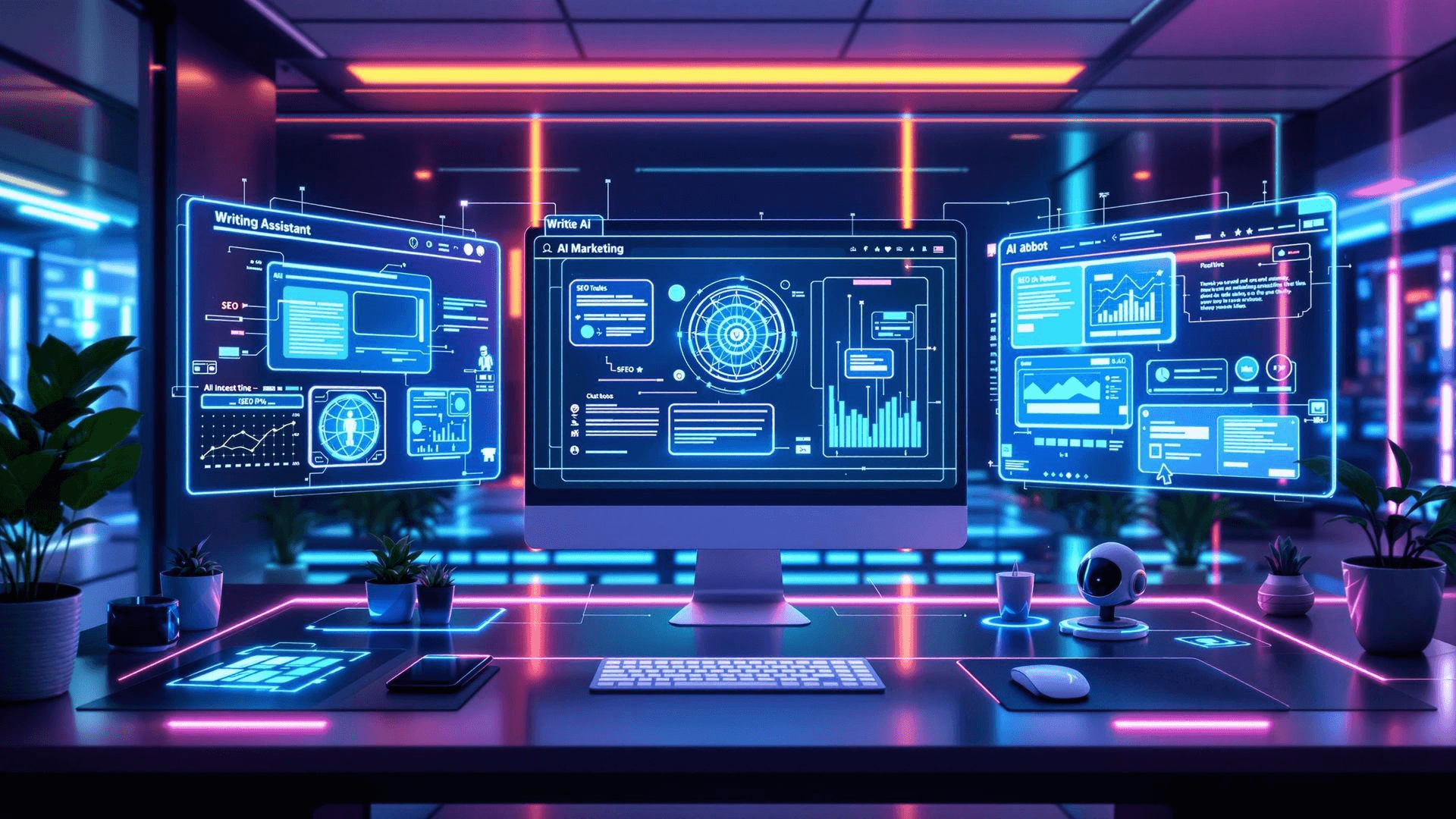Bureau futuriste avec écrans holographiques affichant des outils d'intelligence artificielle dédiés au marketing digital et au SEO.